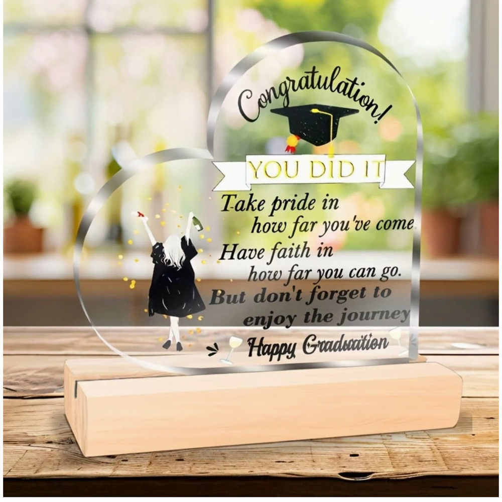 Acrylic Graduation Keepsake w/Wooden Base, Inspirational Graduation Gift for Her